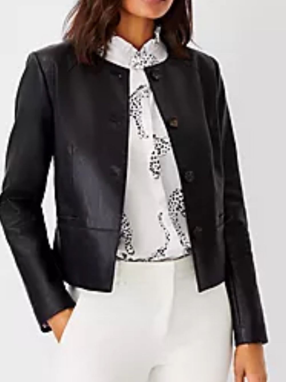 Ann Taylor Factory Black Collarless Faux  Leather Jacket XXS